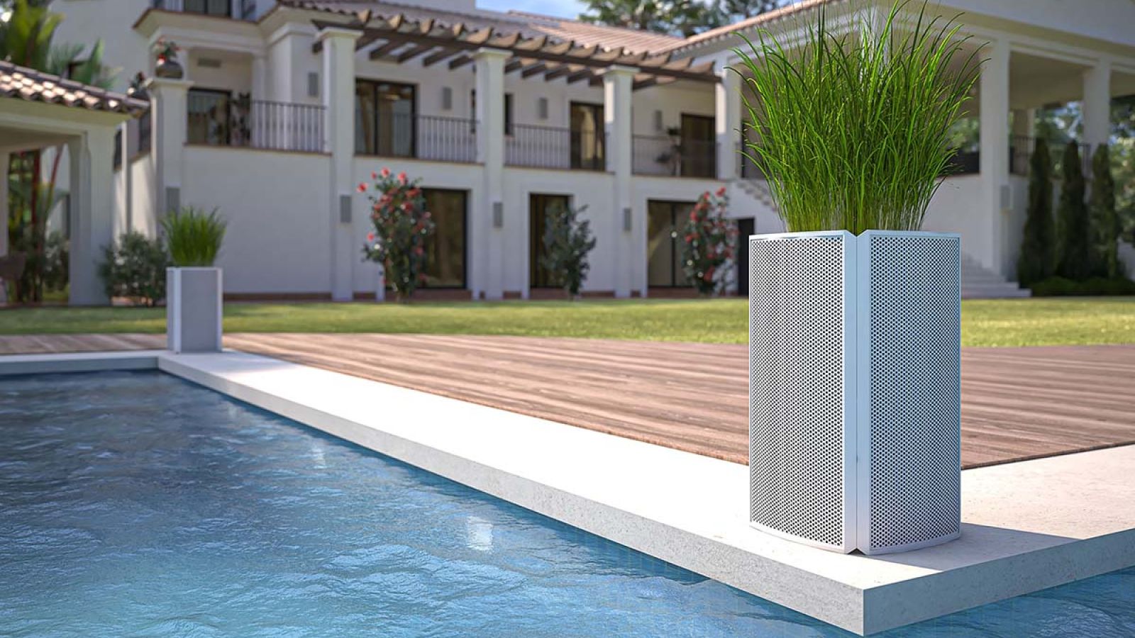 A cozy outdoor deck overlooking a basketball court and firepit, surrounded by lush greenery and open skies.