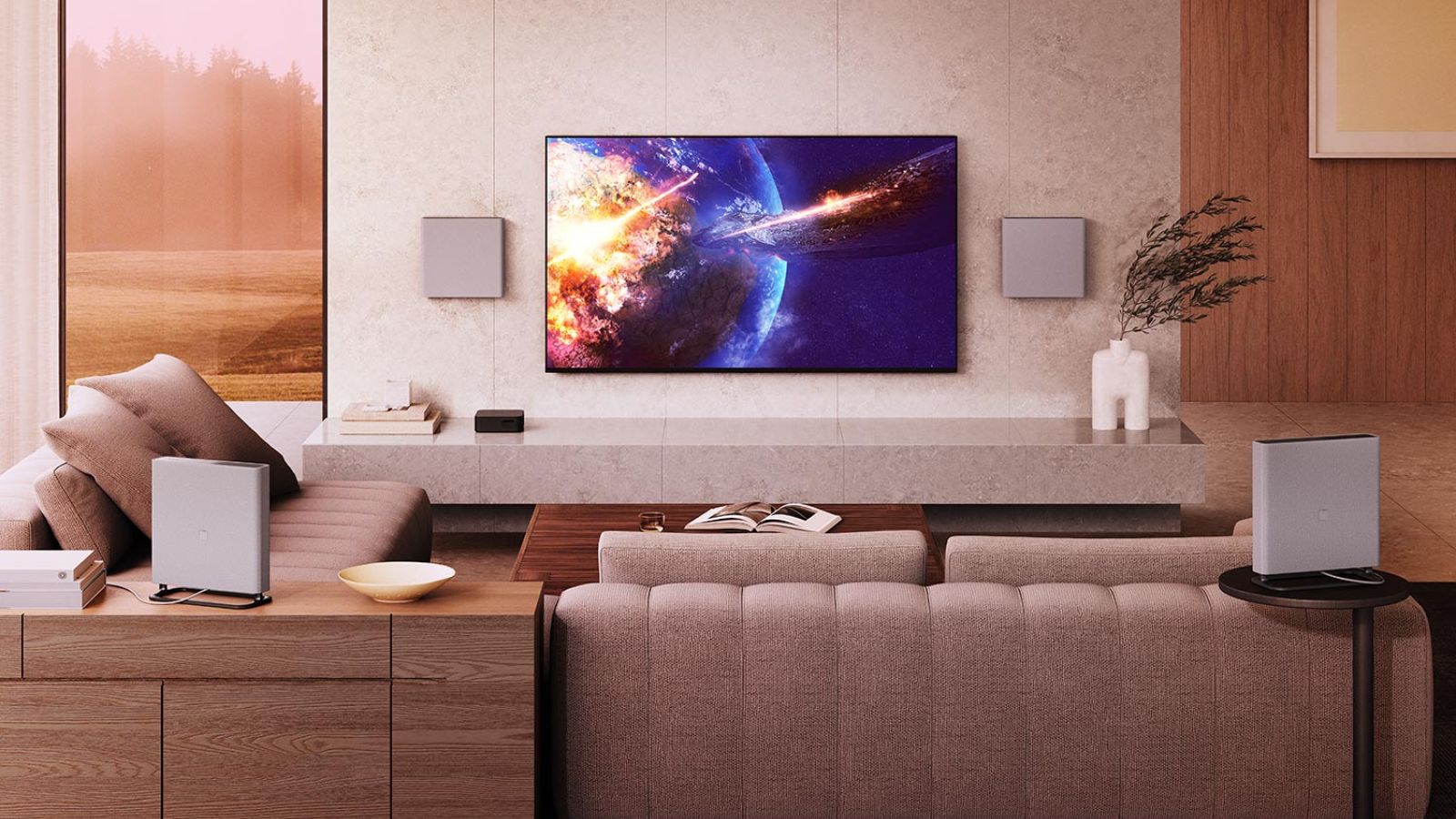 Modern living room with a mounted TV displaying abstract visuals, surrounded by curated decor.