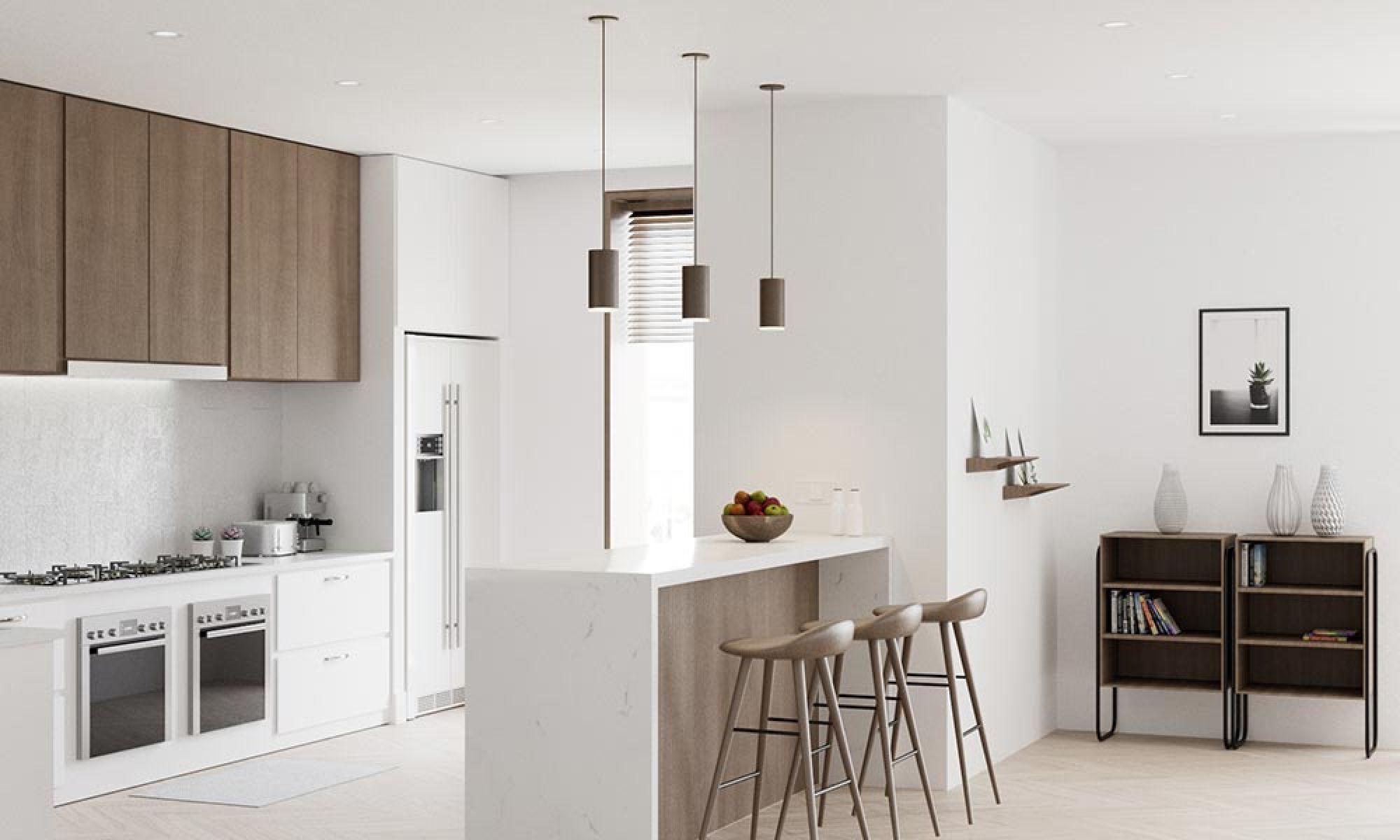 A minimalist kitchen with modern lighting fixtures above the kitchen island and wood cabinetry.