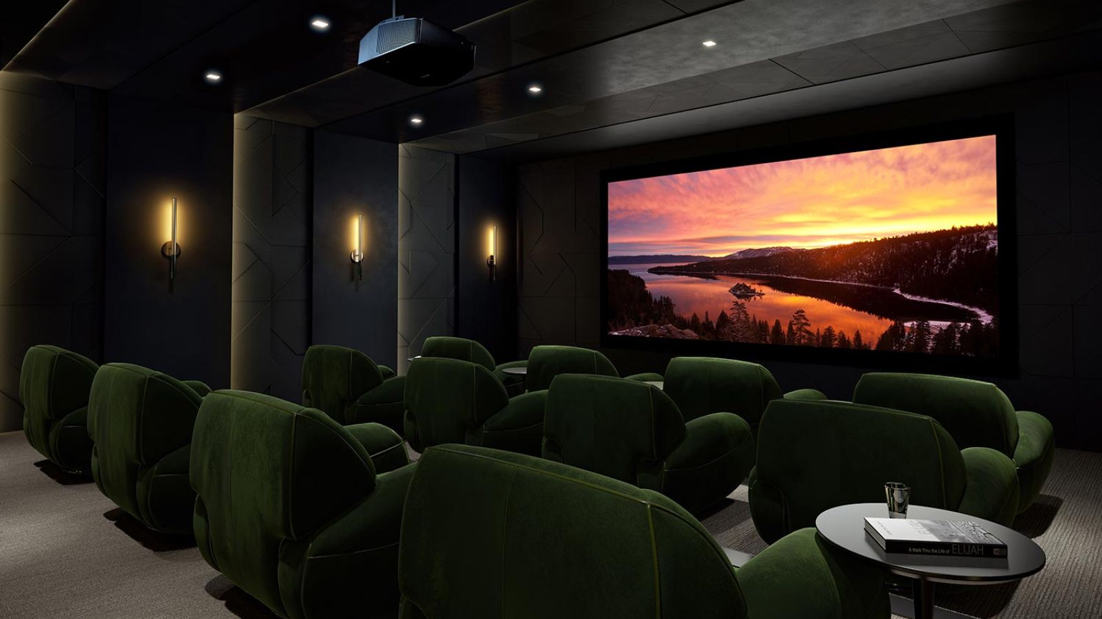 Dark home theater with green plush seating and a vibrant landscape displayed on a large screen.