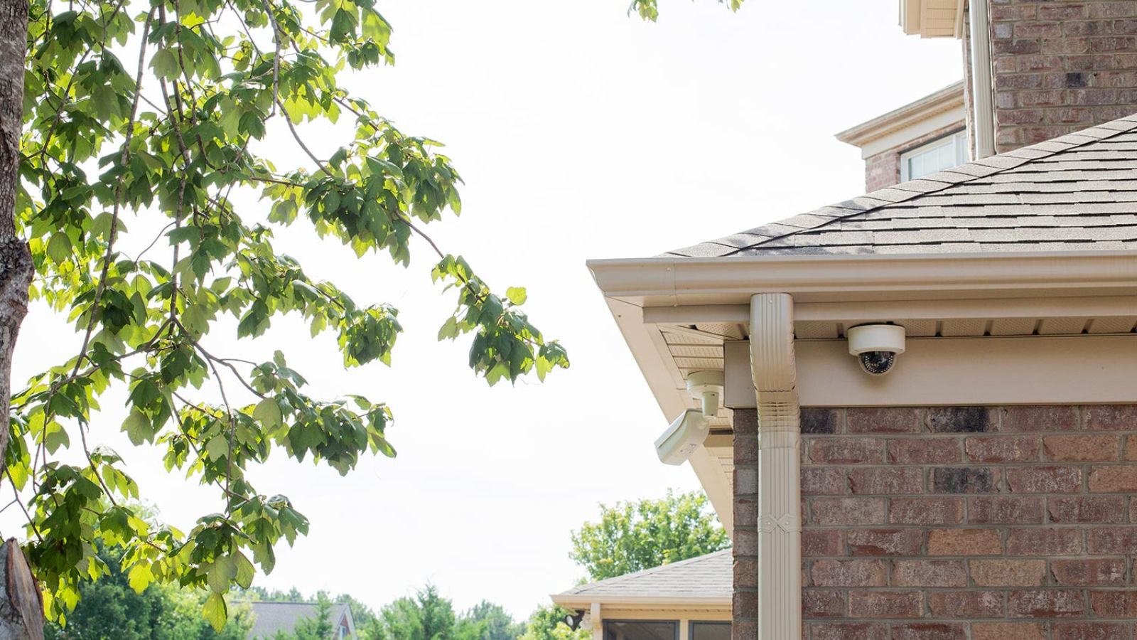 Dome camera installed on the soffit of a house, surrounded by a lush green tree.