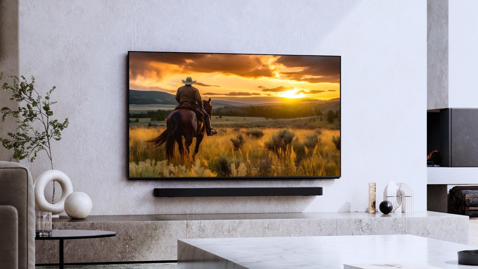 Elegant living space featuring a large TV mounted on a stone wall, with a scenic sunset displayed.