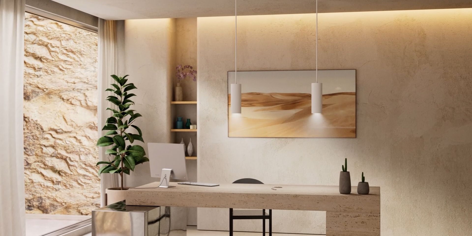 A minimalist home office with neutral tones, a large desk, modern pendant lights, and a scenic window view.