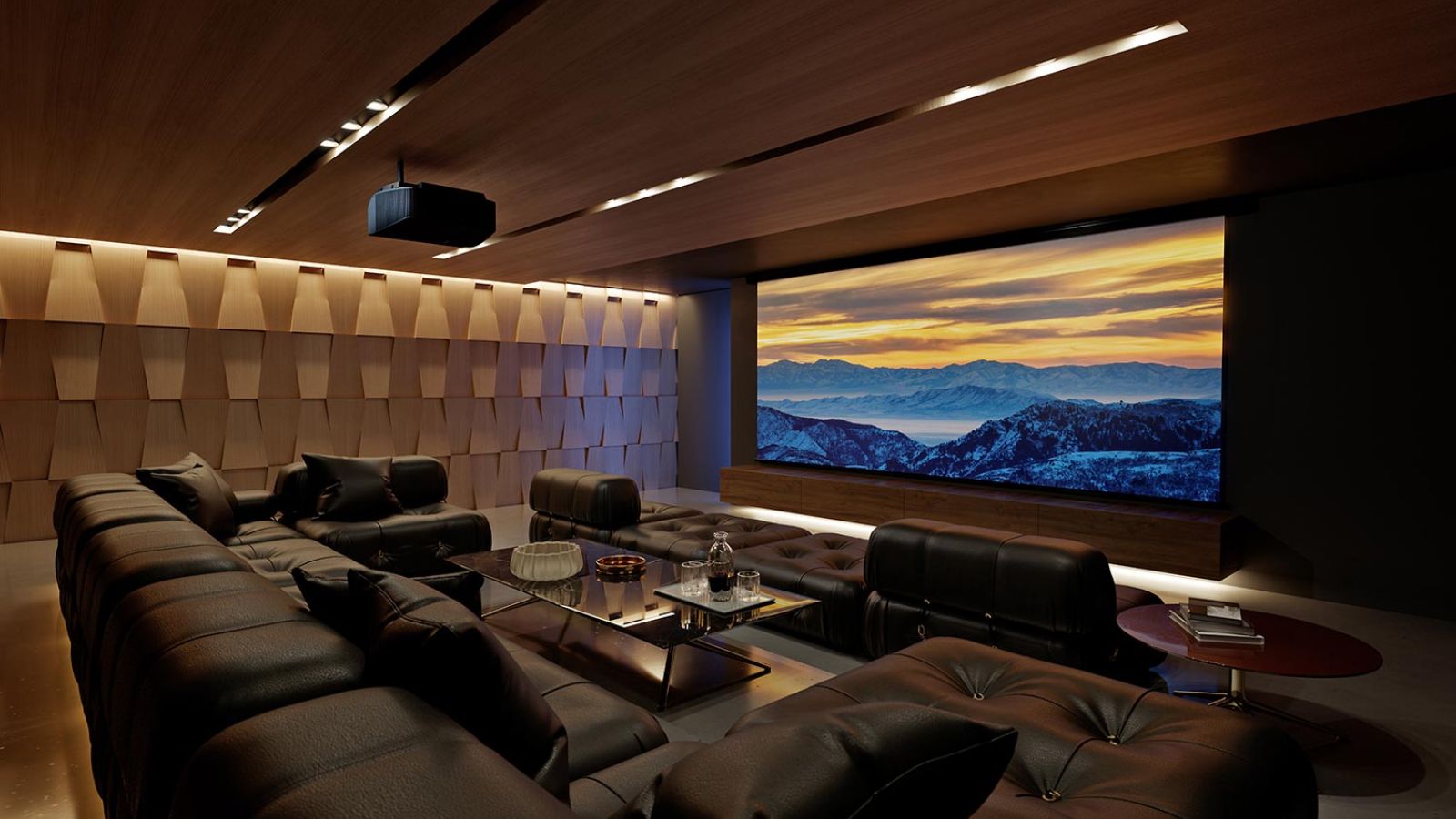 Luxurious home theater with black leather seating, a large screen, and wood-accented walls.